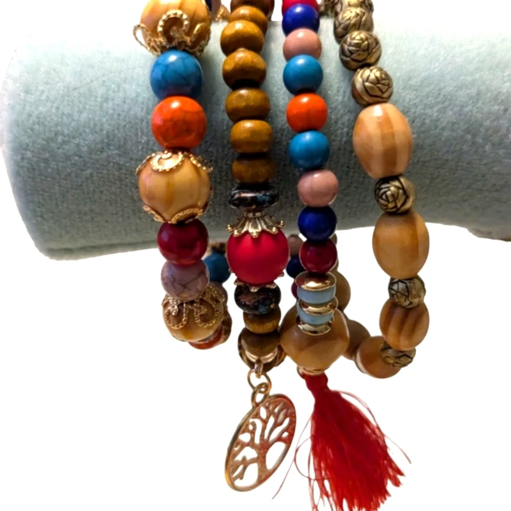 New Colorful Beaded Bracelet Set with Tree Charm And Tassell Earrings